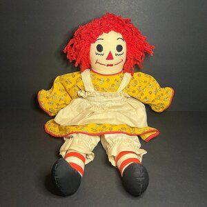 Vintage Retro Classic Raggedy Ann Plush Doll w/ Yellow Floral Dress & Apron 21"
